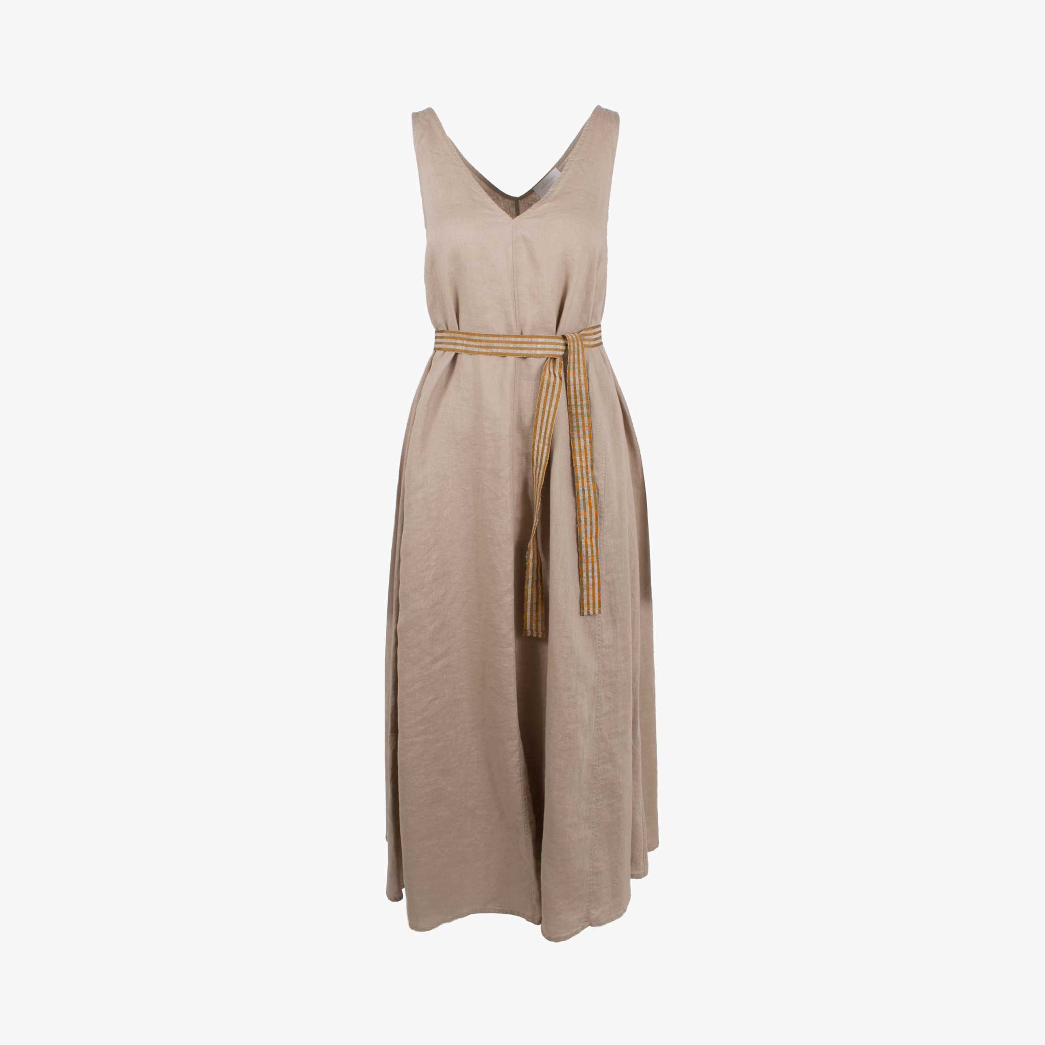 Leinenkleid m. Gürtel, Vorderansicht | beige