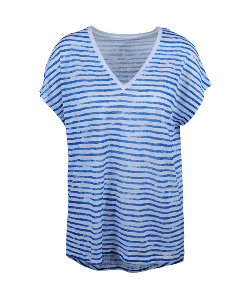 V-Shirt Ringel Leinen | blau