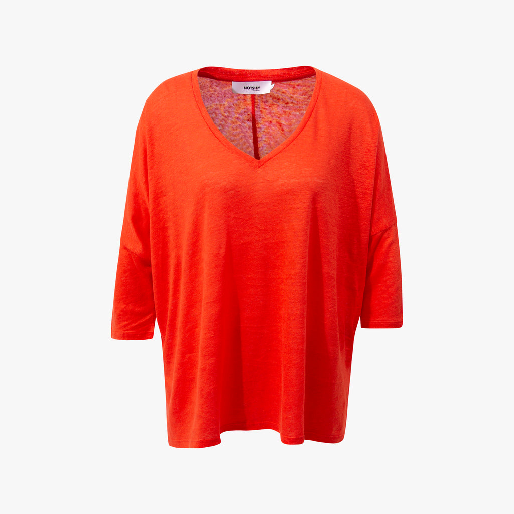 V-Leinenshirt 3/4 Arm | koralle